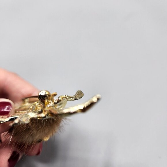 Rose Brooch Mink Fur Gold Tone Flower Long Stem Clear Rose Pin Unmarked Vtg - Picture 11 of 13